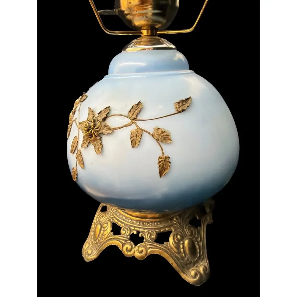 Vintage Falkenstein Style Industries Blue Opaline Hurricane Lamp Floral Dual